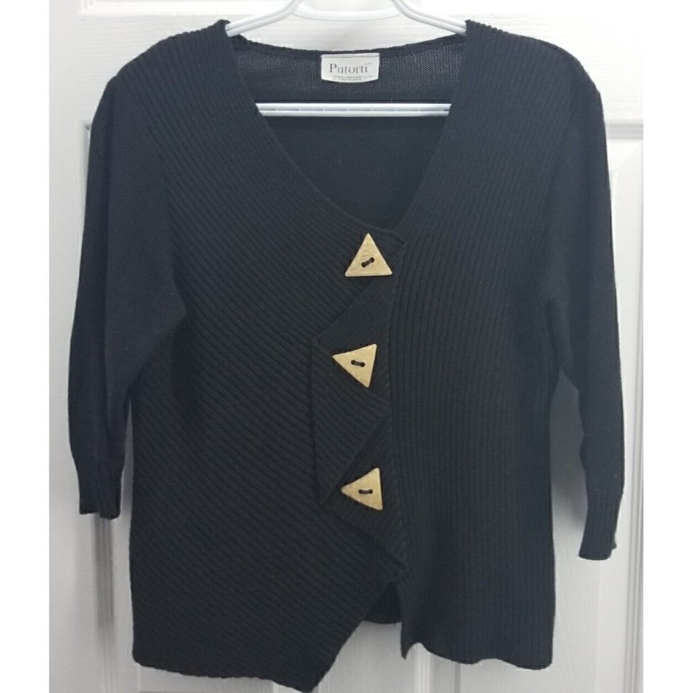 Putorti Sz L 3/4 Sleeves Sweater 3-Button Stretch Ribbed Black